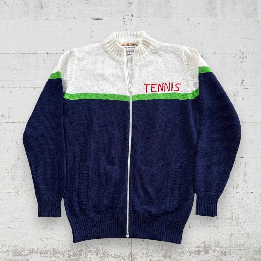 Vintage Women's Tennis Sweater Quantum! Sportswear M Full Zip Colorblock 80s